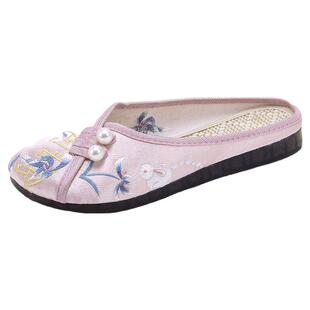 26新款夏民族风包头拖鞋女软底复古缎面旗袍老北京古装汉服鞋凉拖