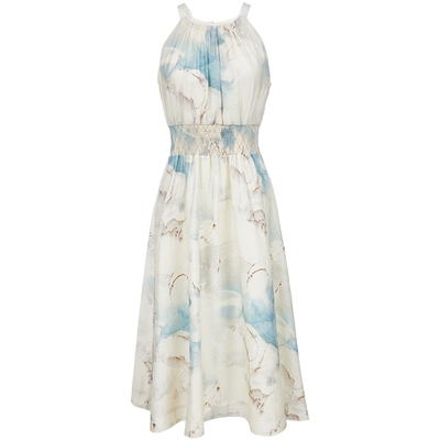 ONLY浪漫印花收腰打揽削肩连衣裙