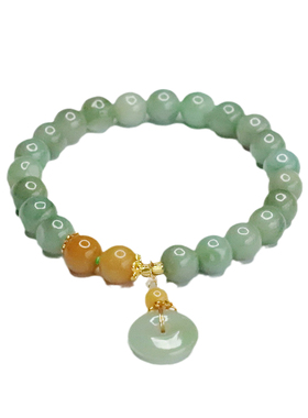 天然缅甸翡翠油青圆珠男女士时尚大气手串圆圆满满平安扣提溜手链