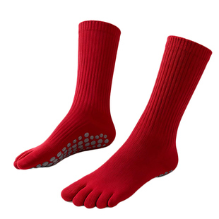 一梵五指瑜伽袜子防滑专业女普拉提袜红色中长筒健身袜冬季室内袜