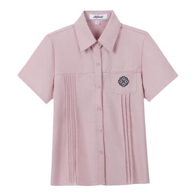 学院风短袖校供粉色刺绣衬衫