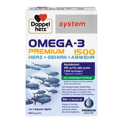 欧洲直邮德国药房Doppelherz双心深海鱼油Omega3胶囊助心脑120粒