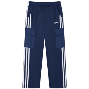 特步童装男童加绒工装裤儿童阔腿裤2025秋冬新款条纹运动裤子大童