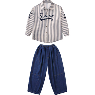 儿童舞蹈表演服女童现代舞少儿爵士街舞条纹衬衫男童嘻哈演出服潮