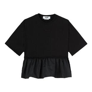 MSGM早春女士潮流纯色褶皱装饰拼接纯棉圆领短袖T恤