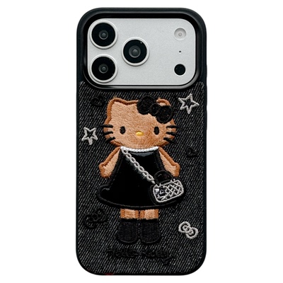 MoreRex ins甜酷小香风黑裙KT猫刺绣牛仔布适用苹果17手机壳iphone16promax新款15pro/14防摔保护套13/17女款