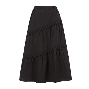 highday轩日夏季法式设计小众褶皱长裙高腰黑色半身裙女过膝a字裙