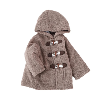 宝宝棉服冬装婴儿童毛绒保暖外套加绒厚连帽大衣羊羔绒牛角扣风衣