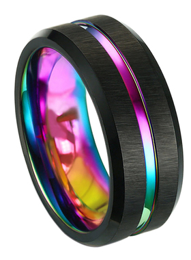 新款钨金拉丝渡黑凹槽炫彩戒指