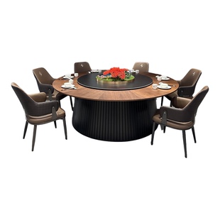 新中式酒店餐桌大圆桌电动转盘20人包厢2米3米家用实木大圆桌椅子