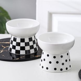 陶瓷猫碗黑白简约加高一体猫咪水碗宠物喝水碗保护颈椎猫粮碗狗碗