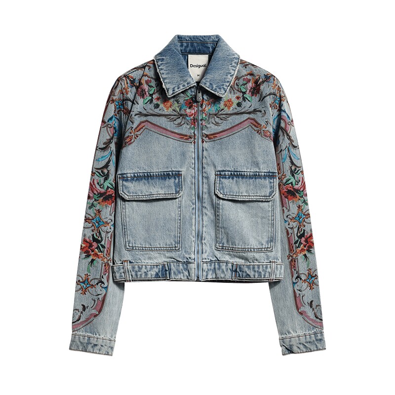 Desigual26秋冬新品复古花卉边框印花短款女式牛仔女式外套