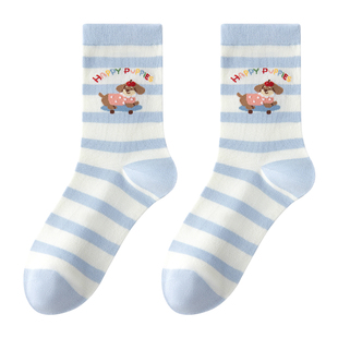 卡拉美拉2026秋冬新款女袜可爱卡通中筒袜百搭舒适棉袜条纹女袜