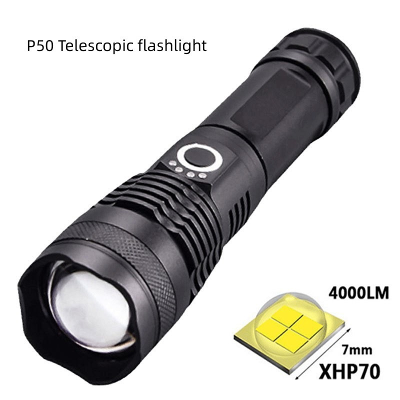跨境P50远射led手电筒强光户外便携手电p70三档伸缩充电式变焦