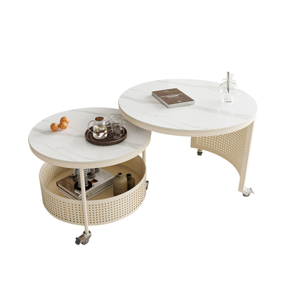 可伸缩可移动茶几岩板小户型茶几客厅家用轻奢奶油风圆形沙发带轮