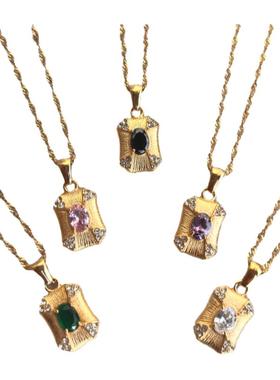 DASEIN ACC小众设计复古个性镶锆石绿色粉色紫色钛钢水波纹项链