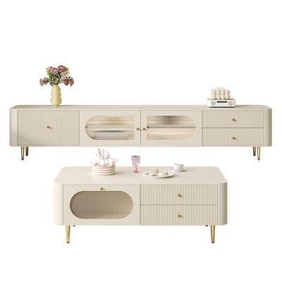 轻法式奶油风电视柜茶几组合小户型客厅长虹玻璃白色实木电视机柜