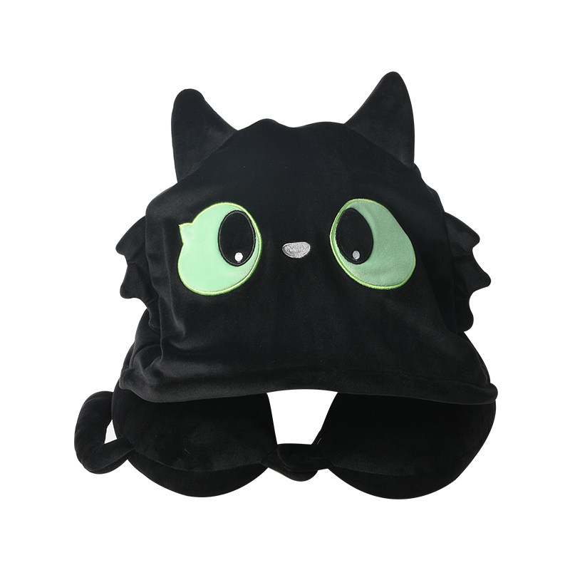 大眼黑猫带帽U型枕学生午睡枕