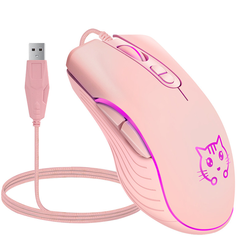 粉色静音有线办公游戏猫猫鼠标