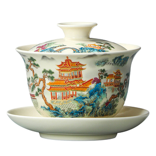 定窑哑光山水三才盖碗可悬停旋转家用功夫茶具办公室泡茶器伴手礼