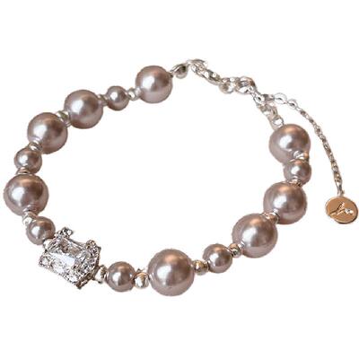 微镶曼塔玫瑰色方糖珍珠手链小众