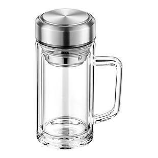 把手双层加厚男士茶杯商务办公手柄泡茶玻璃大杯智能定制logo水杯