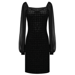 2026早春新款小香风黑色丝绒烫亮片格子雪纺灯笼长袖修身连衣裙女