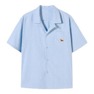 PSO Brand 男装女装竖条纹可爱小狗古巴领短袖衬衫浅蓝色休闲宽松