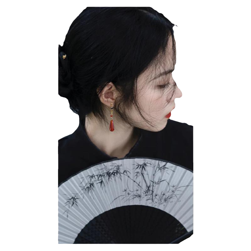 新中式清冷红色串珠耳夹流苏长款复古民族国风吊坠无耳洞耳环耳饰