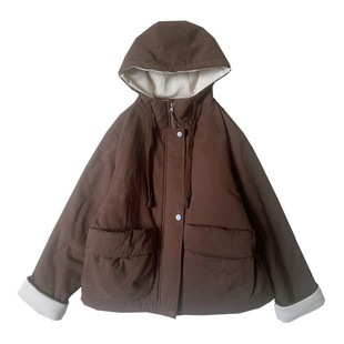 冬季女新款连帽纯棉布棉服咖啡色大口袋文艺宽松棉衣拉链夹棉外套