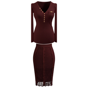 THE SWAN司凰轻奢 意大利品牌 金扣修身针织打底衫上衣/蕾丝半裙