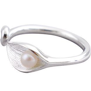 树叶珍珠戒指女s925银时尚个性简约开口指环