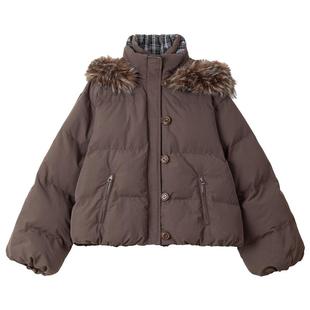 KEIKO [防风御寒]大毛领加厚棉服外套冬季双层防风棕色短款面包服