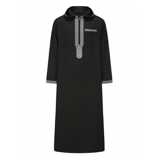 中东迪拜男士穆斯林长袍黑色刺绣连帽宽松礼拜服民族阿拉伯服饰