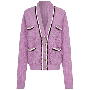 曼德诗法式小香风开衫2026春季新品撞色绵羊毛精纺短款薄针织上衣