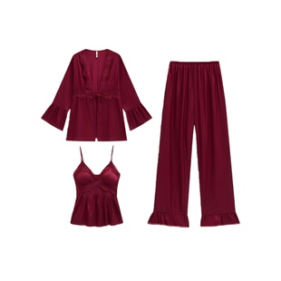 红色带胸垫三件套真丝吊带睡衣本命年结婚大码V领性感家居服礼盒