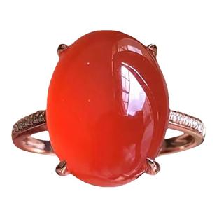 S925银蛋面镶嵌锆石保山红珐琅玛瑙小庄料冰红鸵鸟蛋戒指大气高档