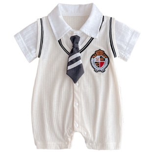 帅气婴儿夏天衣服男宝宝夏装薄款短袖哈衣小绅士夏季百天宴周岁服