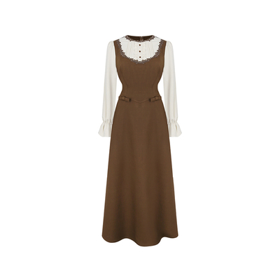 安妮不火 法式甜美花边拼接假两件连衣裙女微胖大码收腰气质长裙