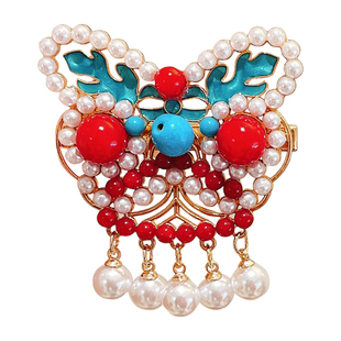 醒狮流苏蝴蝶结发夹女前额新年边夹汉服古风珍珠儿童红色拜年头饰