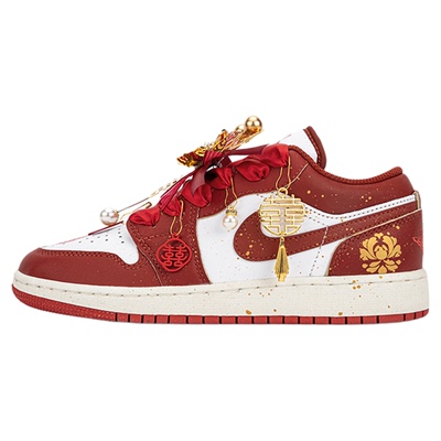 Nike JordanAirJordan1 婚鞋秀禾牡丹花泼墨金红男女同款定制球鞋