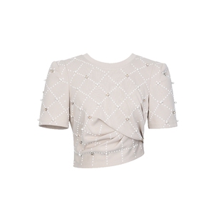 【Angelababy同款】lefame拉飞姆烫钻钉珠褶皱圆领收腰短款卫衣