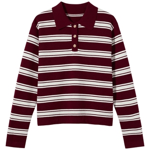 热风女士条纹针织衫2026年春季新新款条纹POLO领针织衫宽松上衣