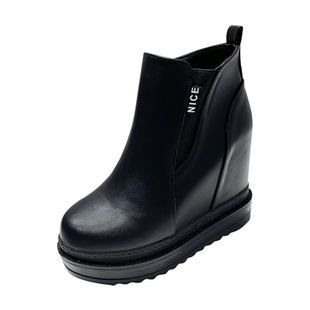 坡跟短靴女秋冬圆头裸靴14CM超高跟鞋松糕厚底小个子内增高马丁靴