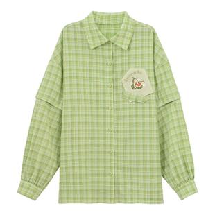 森女部落绿色格子短袖衬衫女上衣2026夏新款薄款两穿防晒衬衣外套