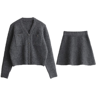 CV大码女装 秋季新款小香风羊毛针织开衫松紧a字半身裙胖MM套装女