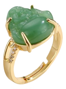 新款轻奢复古绿玉弥勒佛活口女戒