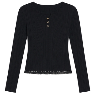 YINER音儿专选2025冬季新款法式减龄云感羊毛混纺荷叶边针织衫