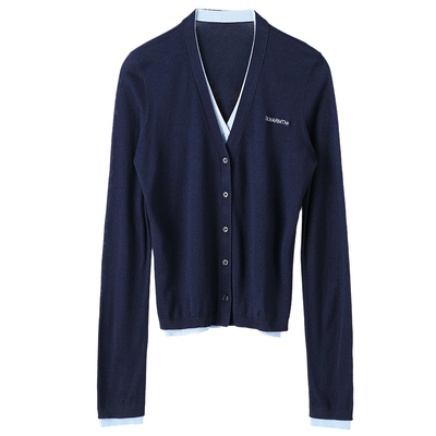 学院风假两件开衫针织衫女撞色