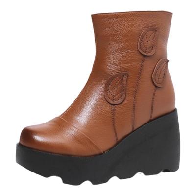 厚底坡跟休闲圆头皮鞋女靴